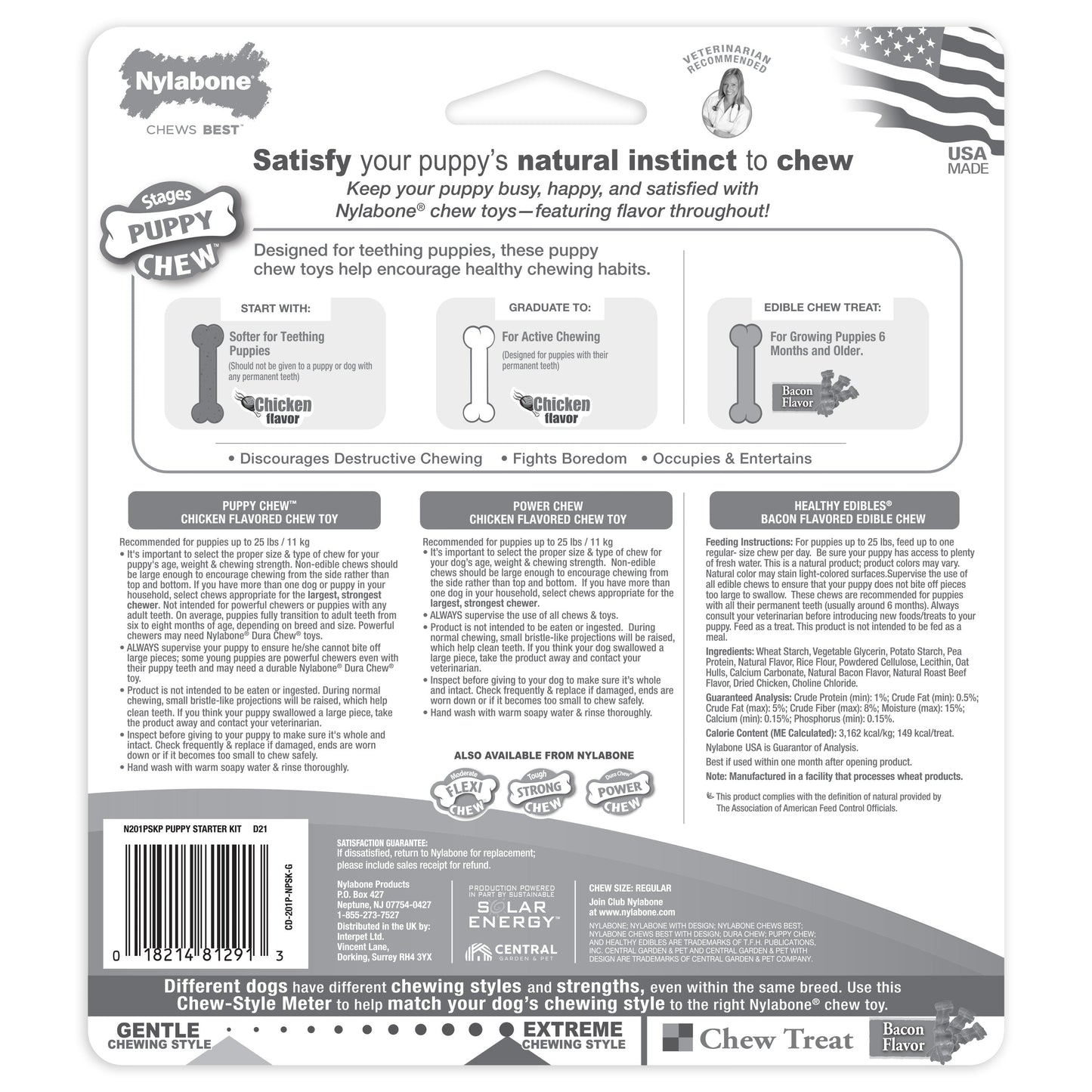 Nylabone Puppy Starter Kit Dog Chew Toys Treat Chicken Bacon, 1ea/SMall/Regular Up To 25 Ibs. 3 ct