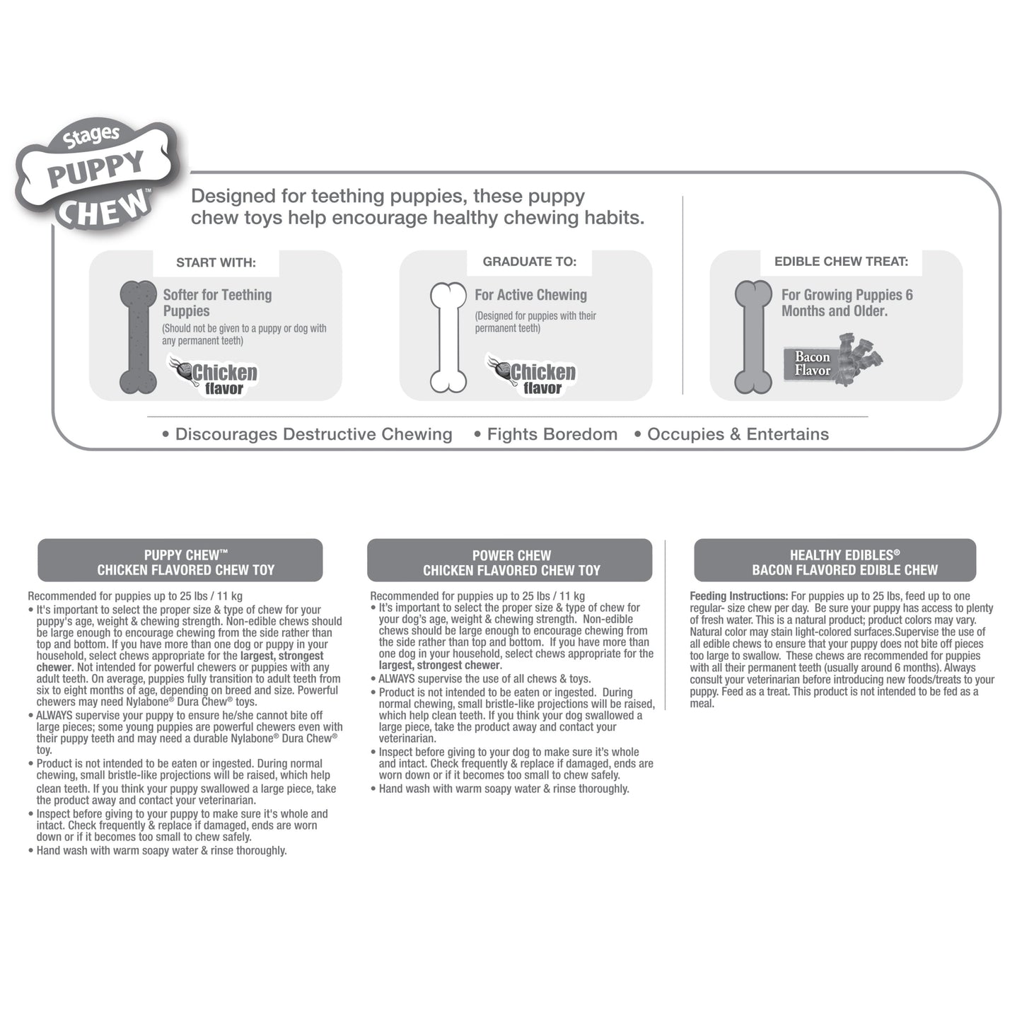 Nylabone Puppy Starter Kit Dog Chew Toys  Treat Chicken  Bacon, 1ea/SMall/Regular  Up To 25 Ibs. 3 ct